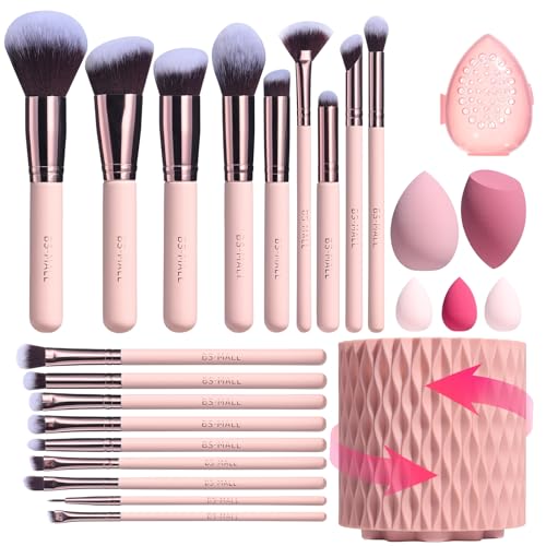 BS-MALL Makeup Brushes Premium Synthetic Foundation Powder Concealers Eye Shadows 18 Pcs Brush Set with 5 sponge & Holder Sponge Case (A-Pink)