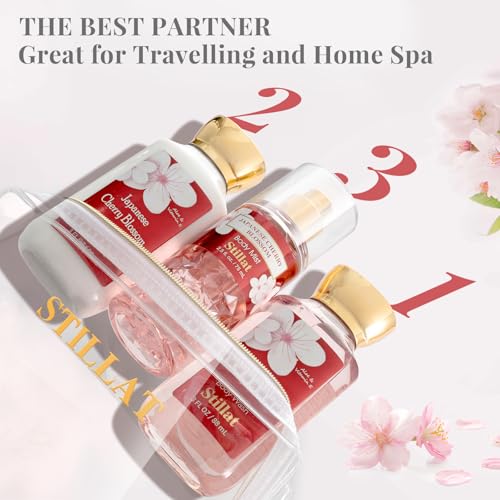 Bath and Body Travel and Gift Sets, Cherry Blossom Spa Shower Set for Teenager and Her, Including Body Wash, Body Lotion and Fragrance Body Mist, for Birthday Anniversary Wedding Christmas New Year