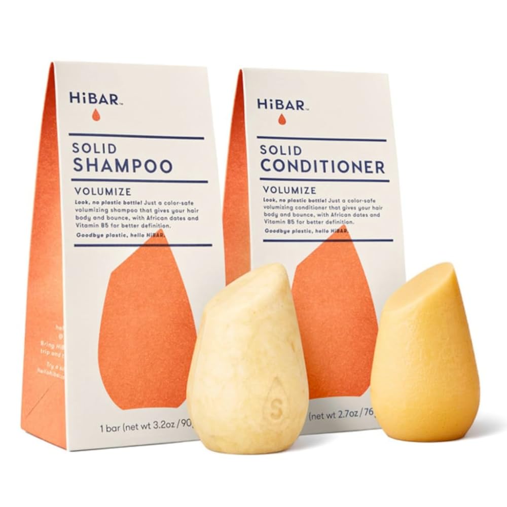 HiBAR - Volumize Shampoo & Conditioner Set - For Fine, Flat Hair - Add Body, Definition & Volume - African Dates & Vitamin B5 - Plastic, Soap, Paraben & Sulfate-Free - Color Safe & Vegan -2 Solid Bars