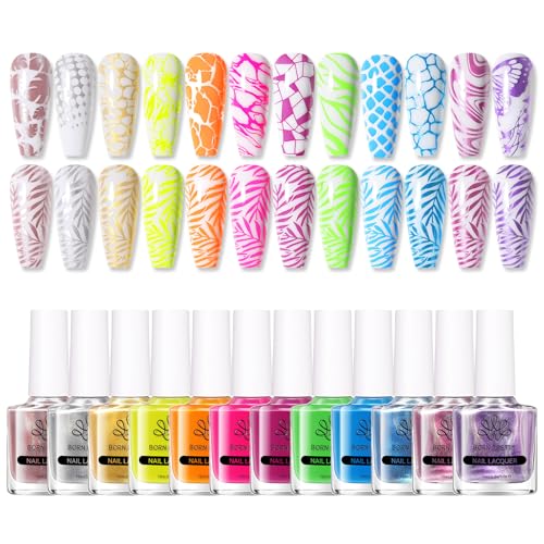 Born Pretty Nail Stamping Polish, 12 Colors Neon Metallic Effect Fingernail Stamp Polish Set Manicure Print Nail Polish for Stamping Plates Bulk Gift Collection 10ml 0.34fl oz Ideal Gifts