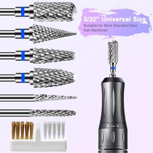 6 Pack Nail Drill Bits for Acrylic Nails, 3/32" Shank Drill Bits for Nails Professional Electric Cuticle Drill Bit, Cuticle Cleaner Nail Gel Polish Remover Tool for Home Salon Nail Bits-Blue