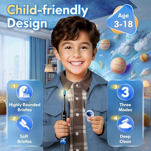 Kids Electric Toothbrush Rechargeable Age 3-5-6-12-18 Year Old, Sonic Toothbrush Kids with Timer 3 Modes 4 Vibrating Heads Habit Stickers Tooth Brush for Girls Boys and Childrens (Astronaut Black)