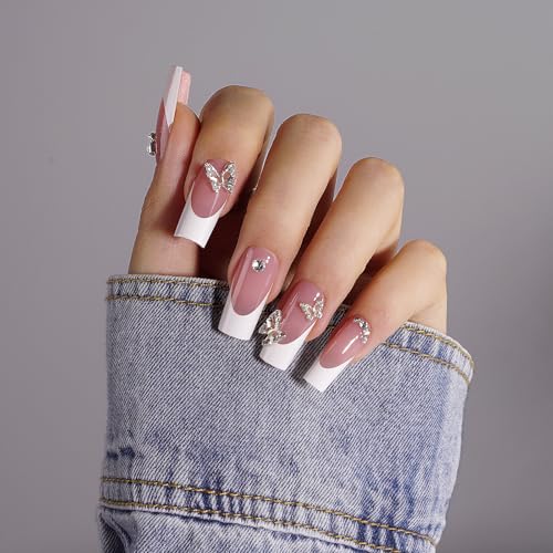 Canvalite French Tip Press on Nails - 300Pcs Pre-Colored Quick and Easy Press on Nails Long Square Fake Nails with Designs DIY Gel Nail Tips, Pink White