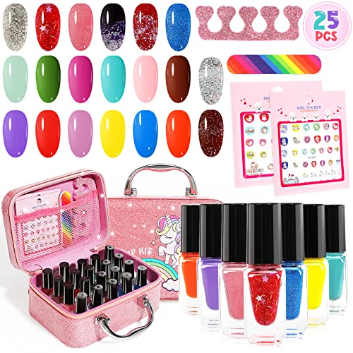 Kids Nail Polish Set for Girls, 25pcs Non-Toxic Peel-Off Water-Based Nail Polish, Glittery and Opaque Christmas Birthday Gifts Toddlers Kids Girls Toys
