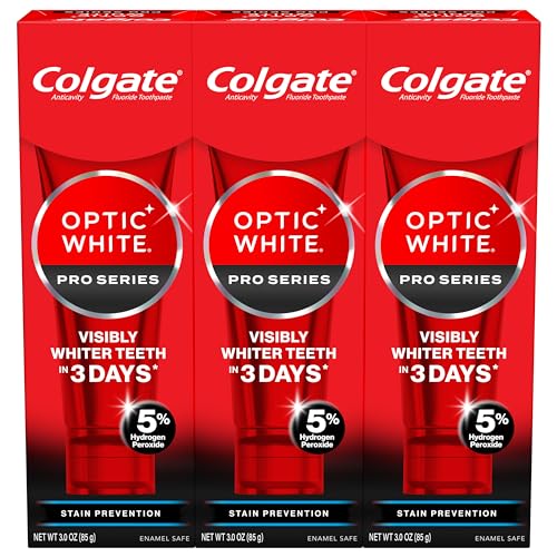 Colgate Optic White Pro Series Stain Prevention Hydrogen Peroxide Toothpaste, Teeth Whitening Toothpaste, Effectively Removes Tea, Coffee, and Wine Stains, Enamel-Safe for Daily Use, 3 Pack, 3.0 oz