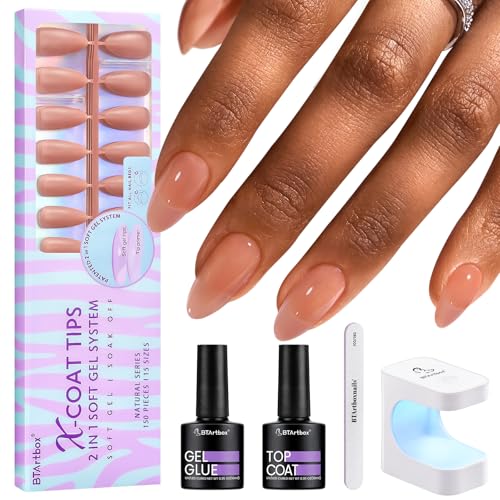 BTArtbox Almond Nail Tips - Brown Soft Gel Nail Kit with 150 pcs Medium Fake Nails, Gel Nail Glue, Top Coat, Nail Lamp, Pre-colored Press on Nails for Nail Art