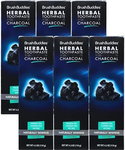 Brush Buddies Charcoal Toothpaste 6 Pack, 3.5 oz | Activated Charcoal Whitening Toothpaste | Fluoride-Free, Cool Mint | Herbal for Sensitive Teeth, Bad Breath & Stains