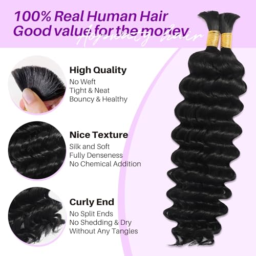 Human Braiding Hair for Boho Braids, Deep Wave Bulk Boho Braids Human Hair for Knotless Curly Bohemian Water Wave Boho Hair for Braiding 70g 16 Inch Natural Color (2 No Weft Bundles/Pack)