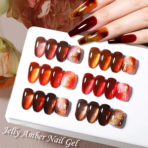 Jelly Amber Gel Polish Set - 6 Translucent Nude Gel Nail Polish, Sheer Tortoise, Red Coral, Burnt Orange, Grey, Amber, Brown - Soak Off UV LED Manicure Art Kit For DIY Home