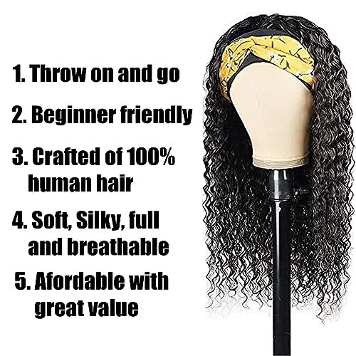 Headband Wig Human Hair Wigs 14 Inch Wear and Go Glueless Wig Curly Deep Wave Headband Wig Natural Color