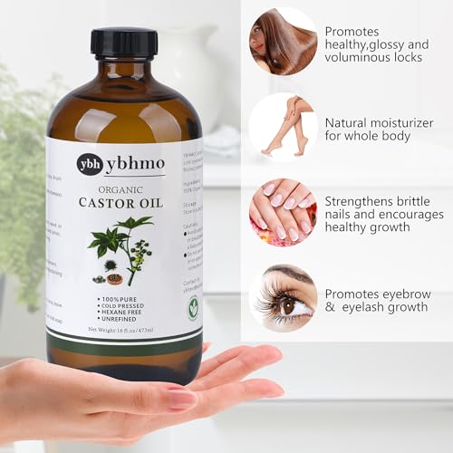 Cold Pressed Castor Oil Organic Glass Bottle(16 Fl Oz),100% Pure &Hexane Free, Castor Oil for Hair Growth & Care, Thicker Eyelashes & Eyebrows,Castor oil pack & Moisturize Body Skin