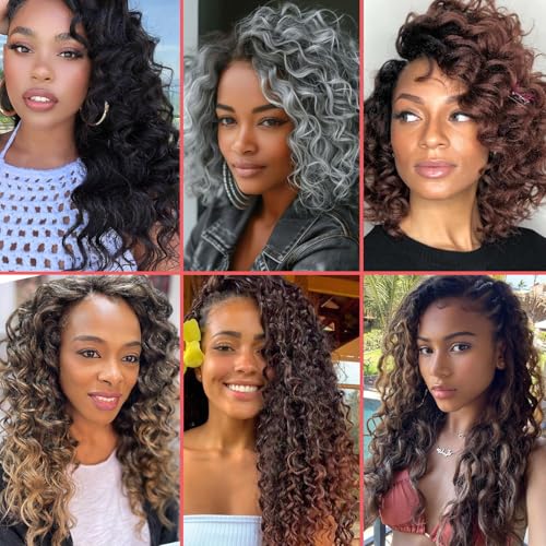 Leeven 14 Inch Pre Looped Ocean Wave Crochet Hair 8 Packs Black Short Curly Crochet Hair Boho Ocean Braids Pre Twisted Synthetic Deep Wavy Crochet Hair for Women