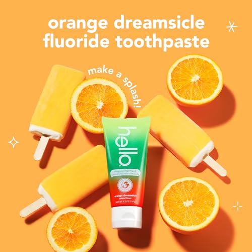 hello Magical Mermaid Kids Toothpaste with Fluoride, Orange Dreamsicle Flavor Toothpaste for Kids, Safe for Ages 2 and Up, Helps Prevent Cavities, Strengthen Enamel, Polish Teeth, 3 Pack, 4.2 Oz Each