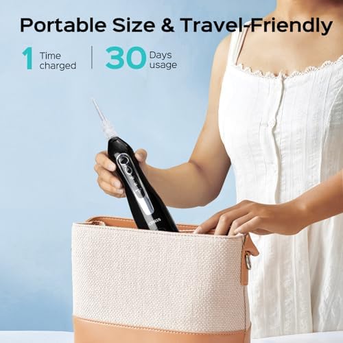 COSLUS Water Flosser Pick with 30pcs Whitening Mint Flavor Refill Combo for Teeth, Braces, Gums Care - Easy to Use, Portable for Coffee Lovers & Travel, Rechargeable, BPA-Free, Black, W40(F5020E)