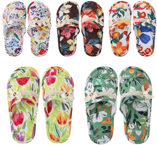 Chuarry 5 Pairs Floral Cotton House Slippers for Women, Soft Open Toe Indoor Spa Slippers for Guests Non Slip Washable Comfortable Portable Shoes for Hotel Travel Bedroom Airplane Party