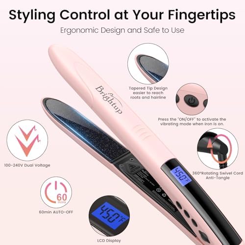 Brightup Tourmaline Ceramic Hair Straightener and Curler 2 in 1 with 1 Inch Vibrating Plates, Ionic Flat Iron with 10 Temp Control/Auto Shut Off, 20S Fast Heating for Smooth Long Lasting Results, Pink