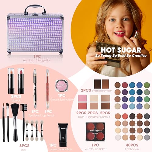 Hot Sugar Makeup Kit for Girls 10-12, Girls Makeup Set Ages 8-12, 14-16 With Aluminum Makeup Case (PURPLE HOUNDSTOOTH)