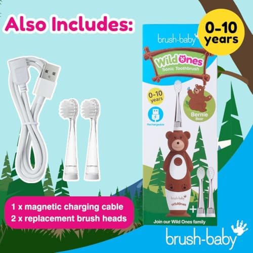 brush-baby - Kids Rechargeable Electric Toothbrush, 0-10 Years - WildOnes, Bear Design with Flashing Lights - DeepClean Bristles for Superior Clean - 2X Replacement Heads, 1x USB Cable