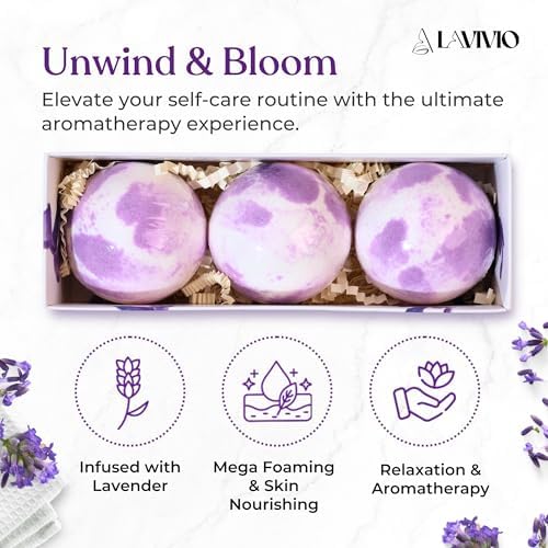 Lavender Bath Bombs for Women - Lavendar Bath Bomb with Shea Butter & Essential Oils - Mega Foaming, Relaxing, Moisturizing, for Stress Relief & Dry Skin - 3 x 100g - Gift Set