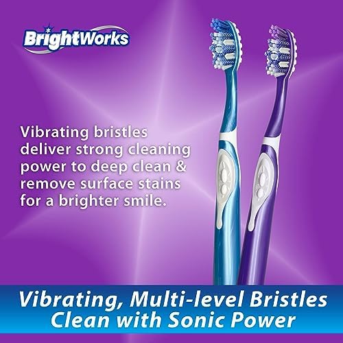 BrightWorks Sonic Battery Powered Toothbrush (2-Pack) (Blue/Purple) Soft Multi-Level Bristles for Whole Mouth, Vibrating Bristles Deep Clean, with Whitening Pads and Tongue Cleaner.