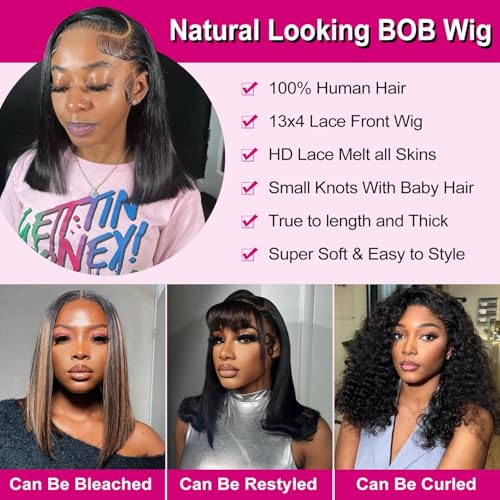 Hihmarm Bob Wig Human Hair 13x4 HD Lace Front Wig Glueless Wigs Human Hair Pre Plucked Short Bob Lace Front Wigs Human Hair For Black Women Nature Hairline 180% Density 14 Inch