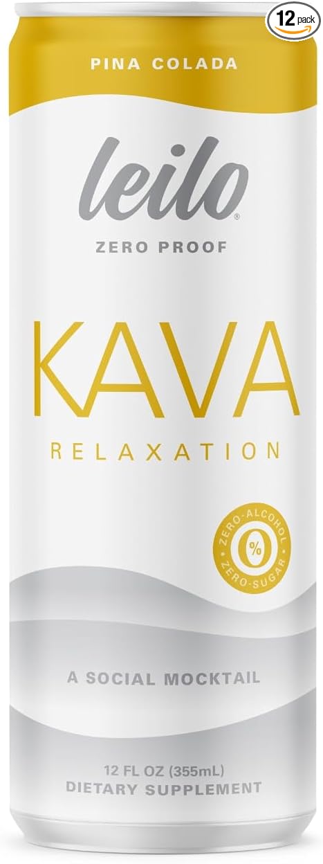 LEILO | Kava Powered Pina Colada Mocktail Drink | 12-Pack - Sugar-Free & Non-ALC Functional Relaxation Support | 12 fl oz Cans (Pack of 12)