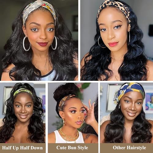 Colorful Queen Glueless Headband Wig Long Black Body Wave Headband Wigs for Black Women Synthetic Natural Looking Wavy Wig Heat Resistant 180% Density (26inch, 1B#)