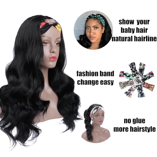 Colorful Queen Glueless Headband Wig Long Black Body Wave Headband Wigs for Black Women Synthetic Natural Looking Wavy Wig Heat Resistant 180% Density (26inch, 1B#)