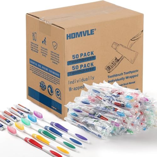 HOMVLE 50 Packs Individually Wrapped Buld Toothbrush and Toothpaste, Disposable Toothbrush with Toothpaste for Travel Ttoothbrush Toiletries, OCC, Airbnb, Dentist, Office/5 Colorful