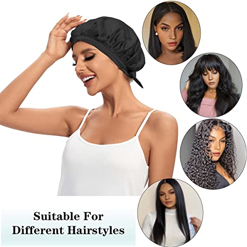 Cocheng 100% Mulberry Silk Bonnet Double-Sided Silk Sleep Cap With Adjustable Ribbon 19 Momme Silk Bonnet for Sleeping(Black)