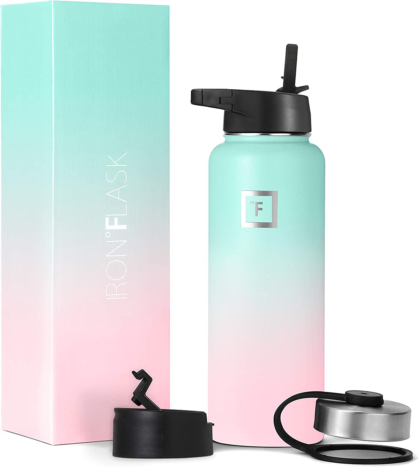 IRON °FLASK Camping & Hiking Hydration Flask, Wide Mouth, 3 Straw Lids, Stainless Steel Outdoor Water Bottle, Double Walled, Insulated Thermos, Metal Canteen - Bubble Gum, 40 Oz