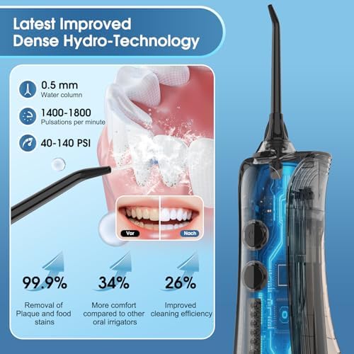 Leominor Water Dental Flosser - 5 Modes Cordless Portable Oral Irrigator, IPX7 Waterproof, Rechargeable Teeth Cleaner Upgrade Datchable Tank Professional Flossing Cleaning Pick for Home Travel (Black)