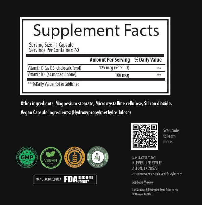 Klever Lifestyle | Vitamin D3 & K2 | Supplement for Bone, Joint & Immune Health, Mood Support, Antioxidant, Strong Bones | 60 Capsules | 5000 UI per Serving
