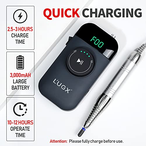 L'UGX Nail Drill 35000RPM Professional Brushless Electric Machine, Rechargeable Cordless Nail Efile for Acrylic Gel Nails, 8Pcs Nail Drill Bits, Low Noise Low Vibration