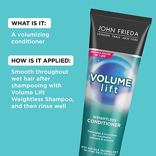 John Frieda Volume Lift Weightless Conditioner, Volumizing Conditioner with Air-Silk Technology for Fine or Flat Hair, Adds Natural Fullness, Safe for Color-Treated Hair, 8.45 Oz, Pack of 2