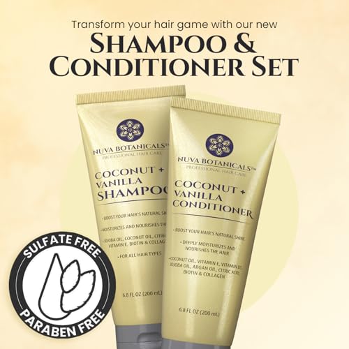 Coconut Shampoo and Conditioner, Vanilla Shampoo and Conditioner with Biotin and Collagen- Moisturizing Shampoo and Conditioner Set with Jojoba Oil, Argan Oil and Vitamin E(6.8oz each)