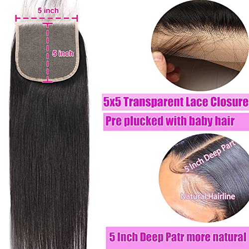 Hd Closure 5x5 Straight Closure 5x5 Transparent Lace Closure 12A Virgin Remy Human Hair Frontal Closure Pre Plucked With Baby Hair Natural Black Color(14inch)