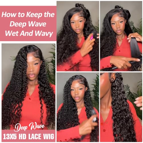 Keshon 13x5 Deep Wave Lace Front Wigs Human Hair 200% Density Deep Wave Frontal Wig Pre Plucked HD Transparent Full Lace Frontal Wigs Human Hair with Baby Hair Natural Color 28 inch