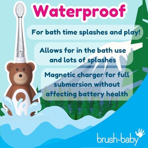 brush-baby - Kids Rechargeable Electric Toothbrush, 0-10 Years - WildOnes, Bear Design with Flashing Lights - DeepClean Bristles for Superior Clean - 2X Replacement Heads, 1x USB Cable