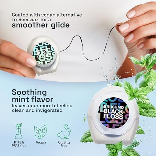 Brushmo Black Floss (BB Floss) - Expanding Gum-Friendly Soothing Mint Dental Floss, Natural Wax Helps Remove Plaque from Teeth, US-Dentist Designed PTFE & PFAS Free Oral Care, 2 Spools, 110 yd, Vegan