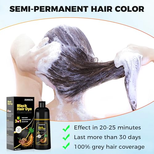 JUANCHI Black Hair Dye Shampoo 3 in1, Black Shampoo Hair Dye for Gray Coverage, Natural Hair Color for Women Men, Herbal Formula, Ammonia-free, Lasts 30 Days, 500ml (16.90 oz)