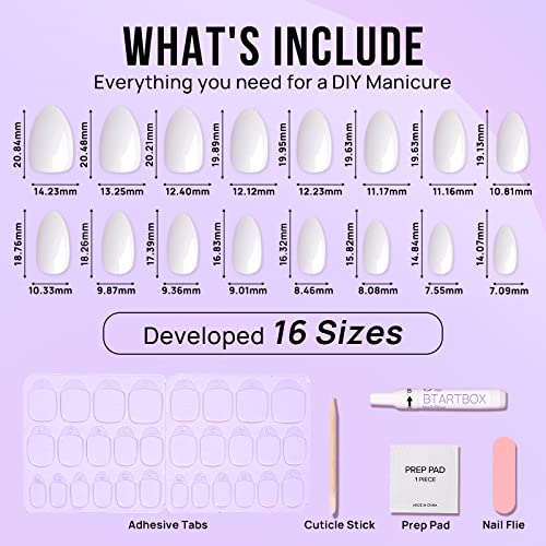 BTArtbox White Press On Nails Short - Soft Gel Press on Nails Almond, White Glue on Nails with Nail Glue, Reusable Stick on Nails in 16 Sizes, Cream Puff