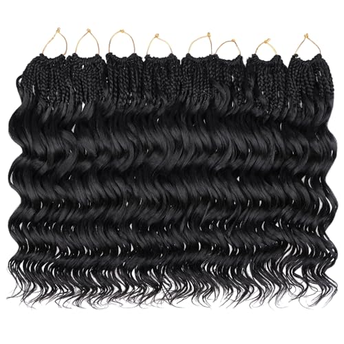 Leeven 14 Inch Pre Looped Ocean Wave Crochet Hair 8 Packs Black Short Curly Crochet Hair Boho Ocean Braids Pre Twisted Synthetic Deep Wavy Crochet Hair for Women
