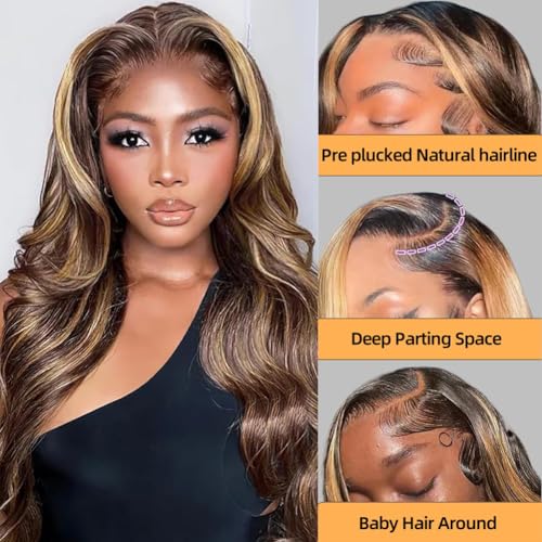 Honey Blonde Ombre Lace Front Wig Human Hair Highlight Body Wave Lace Front Wigs Human Hair Pre Plucked 200 Density Glueless Wig 13X6 HD Lace Frontal Wig for Women 4/27 Colored 28 Inch