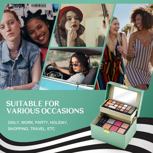 Color Nymph Beginner Makeup Kit For Teens, Girls Makeup kits With Recyclable And Key-Lockable Cabinet Included 17-Colors Eyeshadows Blushes Bronzer Highlighter Lipstick Brushes Mirror(Green)