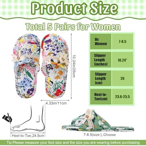 Chuarry 5 Pairs Floral Cotton House Slippers for Women, Soft Open Toe Indoor Spa Slippers for Guests Non Slip Washable Comfortable Portable Shoes for Hotel Travel Bedroom Airplane Party