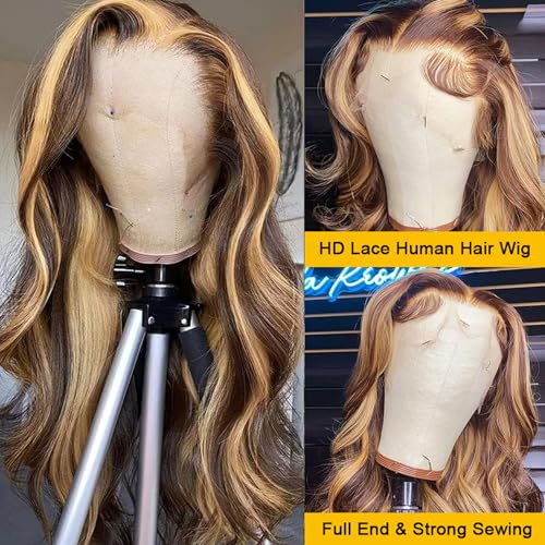 Highlight Ombre 13x6 Lace Front Wig Human Hair 28 Inch Body Wave Honey Blonde Glueless HD Transparent Lace Frontal Wigs for Women 180 Density Human Hair Pre Plucked with Baby Hair