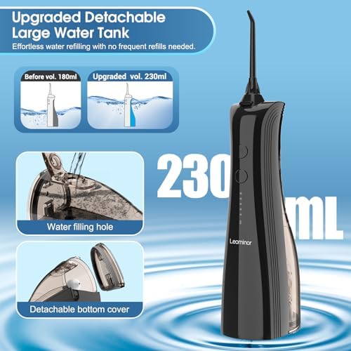 Leominor Water Dental Flosser - 5 Modes Cordless Portable Oral Irrigator, IPX7 Waterproof, Rechargeable Teeth Cleaner Upgrade Datchable Tank Professional Flossing Cleaning Pick for Home Travel (Black)