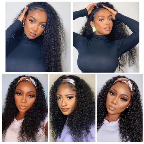 Headband Wig Human Hair Deep Wave 16 Inch Curly Headband Wigs for Black Women Human Hair Glueless None Lace Front Wig Brazilian Virgin Hair Wear and Go Wigs 150% Density Natural Black Color