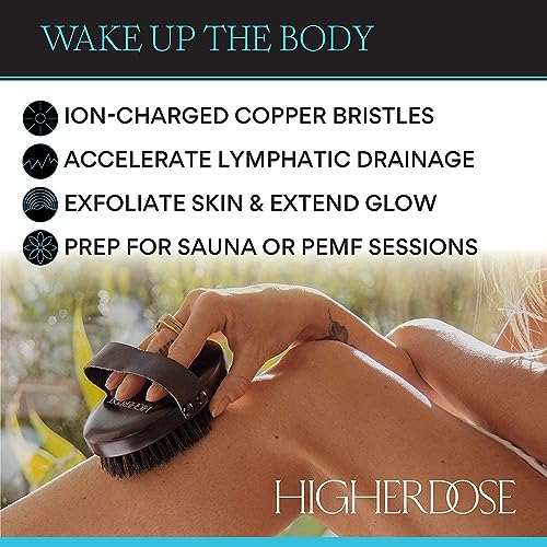HigherDOSE Supercharge Body Brush Exfoliator - Lymphatic Drainage Dry Brush to Accelerate Drainage of Toxins & Fat with Ion-Charged Copper Bristles - Helps to Reduce Cellulite & Soften Skin